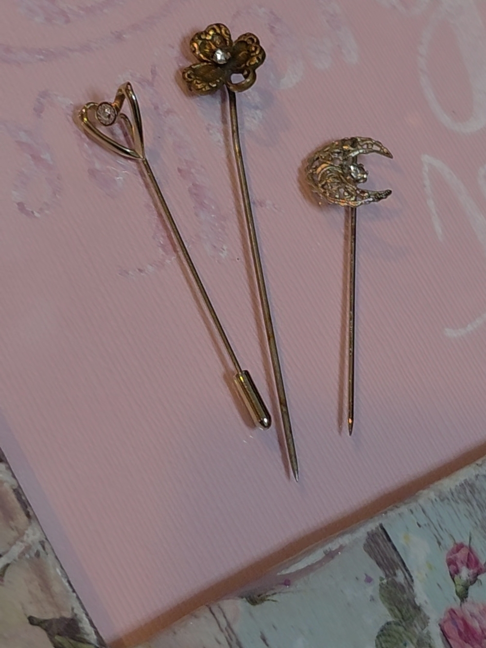 Estate Stick Pin Trio: Victorian Celestial Moon, Shamrock, & Mid-Century Diamond